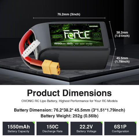 2Pack Ovonic Force 6S 1550mAh 150C 22.2V LiPo Battery w/ XT60 Plug for Aggressive FPV Freestyle & 7-inch Mid-Range Quad