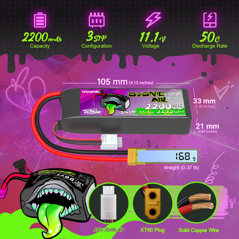 2 × Ovonic Rebel 2.0 3S 11.1V 2200mAh 50C LiPo with ×T60 Plug for 64mm EDF, 1100mm-1500mm Plane