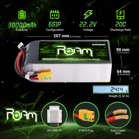 Ovonic ROAM 22.2V 30000mAh 20C 6S1P High-Capacity LiPo Battery Pack with XT90S-F Anti-Spark Connector for Heavy-Lift Industrial UAVs and Maximum Endurance Platforms
