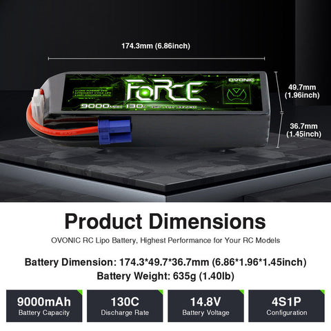 2-Pack Ovonic Force 4S 9000mAh 130C 14.8V LiPo Battery w/EC5 Plug for 1/8 RC Car, Monster Truck & Truggy