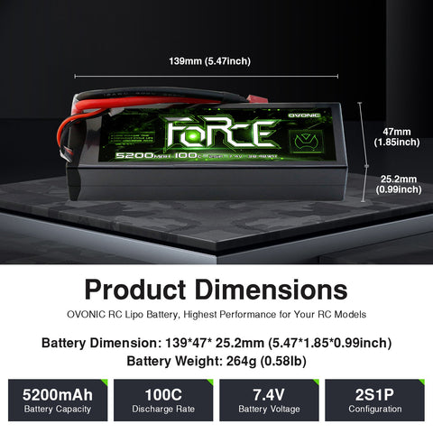 Ovonic Force 2S 5200mAh 100C 7.4V Hardcase LiPo w/ Deans Plug & Checker for 1/10 Short Course Truck & Race Buggy
