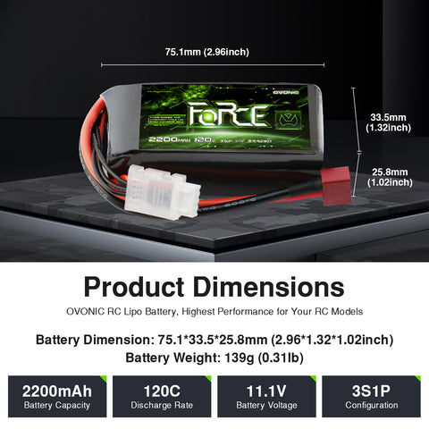4-Pack Ovonic Force 3S 2200mAh 120C 11.1V Short LiPo Battery w/Deans Plug for 1/10 Race Buggy & On-Road Car (Voltage Checker Included)
