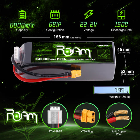 OVONIC Roam Series 22.2V 6000mAh 150C 6S Softcase LiPo Battery Pack with XT90-S Anti-Spark or XT60 Plug Options for 7–10 Inch FPV Cinelifters, Long-Range Drones & RC Helicopters
