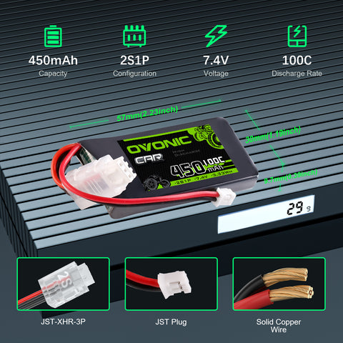 Ovonic 2S 450mAh 100C 7.4V LiPo Battery w/PH2.0 Plug