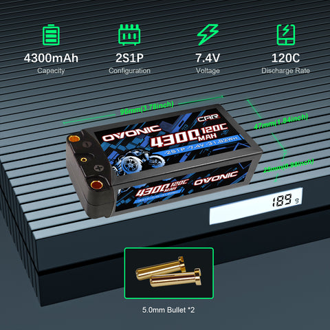 Ovonic 7.4V 120C 4300mAh 2S LiPo Hardcase Battery with 5.0mm Bullet Connector for 1/10 RC Racing & High-Speed Bashing