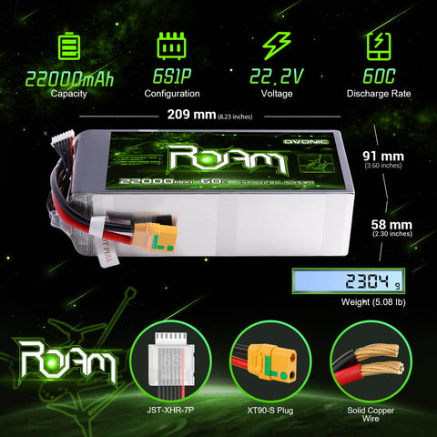 Ovonic ROAM 22.8V 22000mAh 60C 6S1P LiHV Drone Battery Pack with XT90S-F Anti-Spark Connector for Industrial UAVs and Heavy-Lift Multirotors