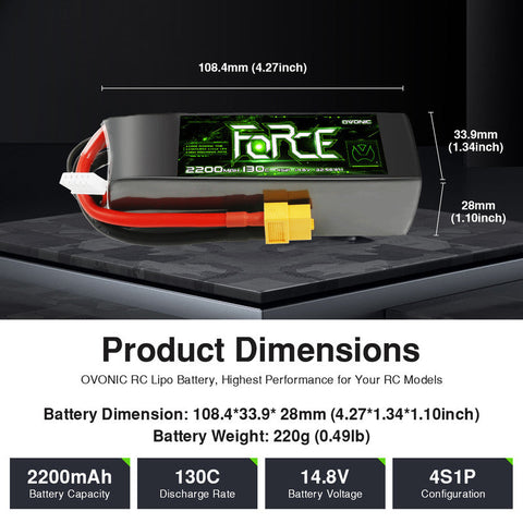 2-Pack Ovonic Force 4S 2200mAh 130C 14.8V LiPo Battery w/XT60 Plug for 1/10 Scale Buggy/Truck & 5-inch FPV Quad