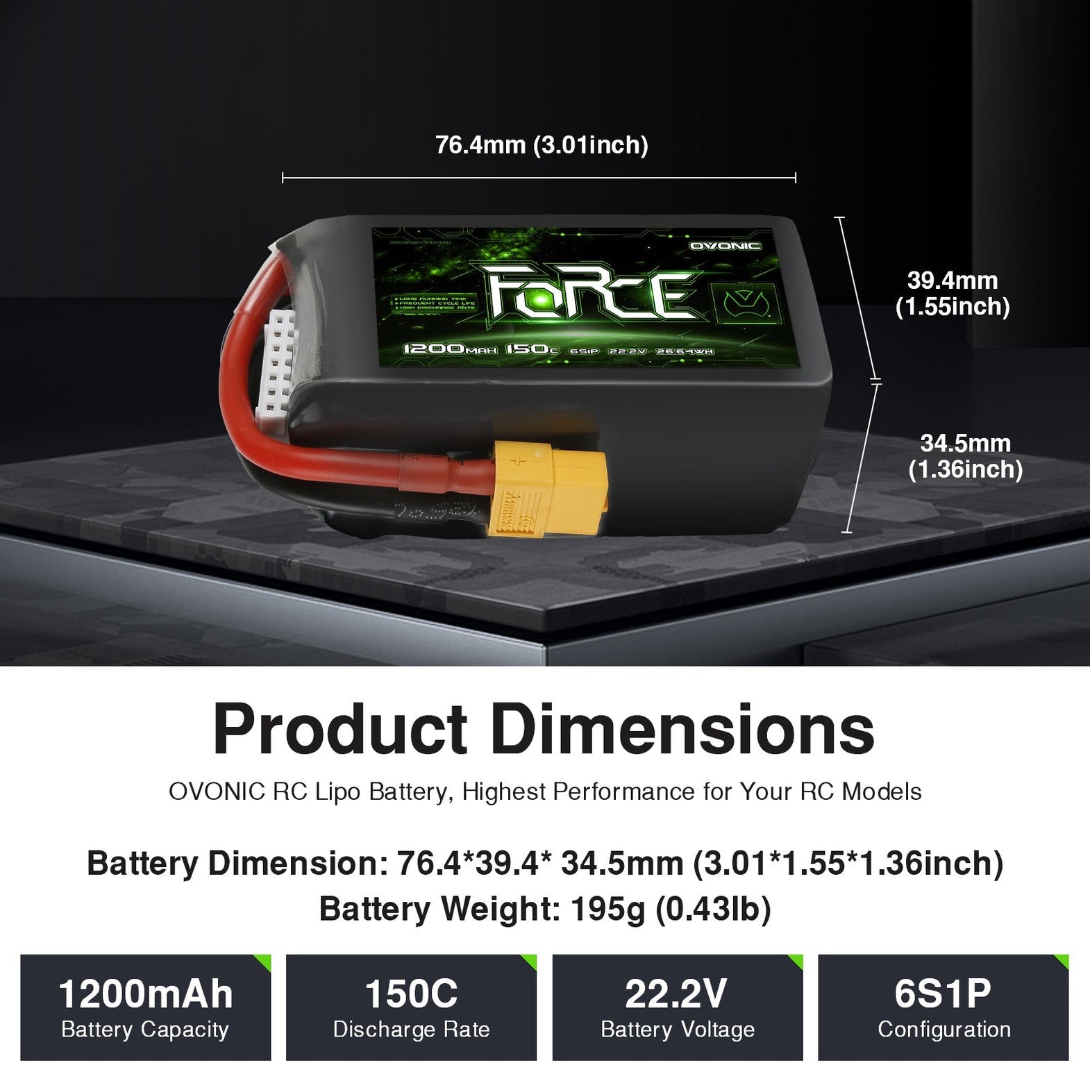 Ovonic Force 6S 1200mAh 150C LiPo XT60 for Pro FPV Racing Drone – Ampow