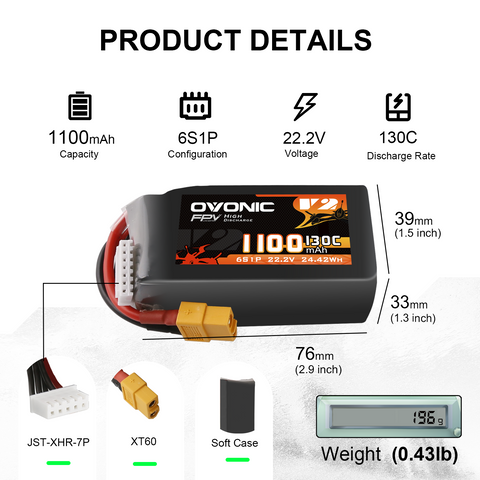 4x Ovonic 130C 6S 1100mah Lipo Battery 22.2V Pack with XT60 Plug for FPV Racing Drone Freestyle 5-6 inche Drone Long Range FPV Drone