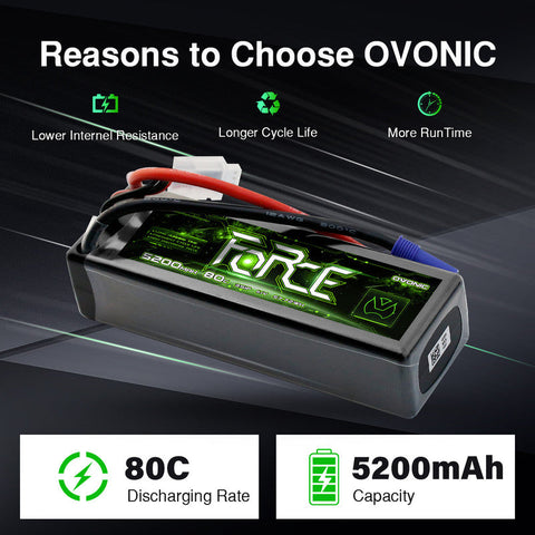 2-Pack Ovonic Force 3S 5200mAh 80C 11.1V Hardcase LiPo Battery w/EC5 Plug for 1/10 RC Car, Buggy & Bashers