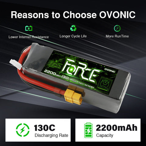 2-Pack Ovonic Force 4S 2200mAh 130C 14.8V LiPo Battery w/XT60 Plug for 1/10 Scale Buggy/Truck & 5-inch FPV Quad
