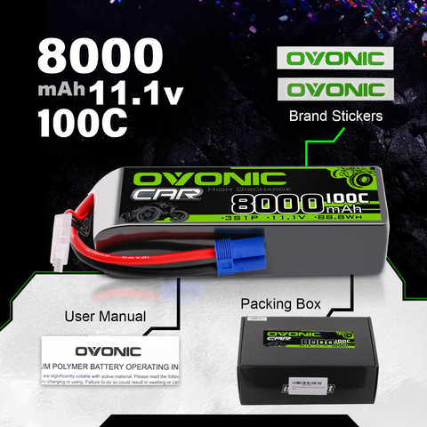 [2-Pack] Ovonic 11.1V 100C 3S 8000mAh LiPo Battery with EC5 Plug for 1/8 & 1/7 Scale RC Monster Trucks