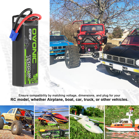 2 x OVONIC 3S 7500mAh 130C 11.1V LiPo Battery with EC5 Plug for 1/8 & 1/10 Scale RC Car Boat Helicopter