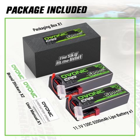 2-Pack Ovonic 5200mAh 11.1V 120C 3S LiPo Battery Pack with Deans T Connector for RC Cars and Trucks