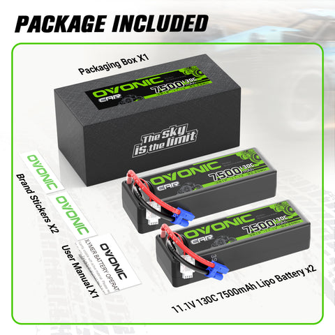 2 x OVONIC 3S 7500mAh 130C 11.1V LiPo Battery with EC5 Plug for 1/8 & 1/10 Scale RC Car Boat Helicopter