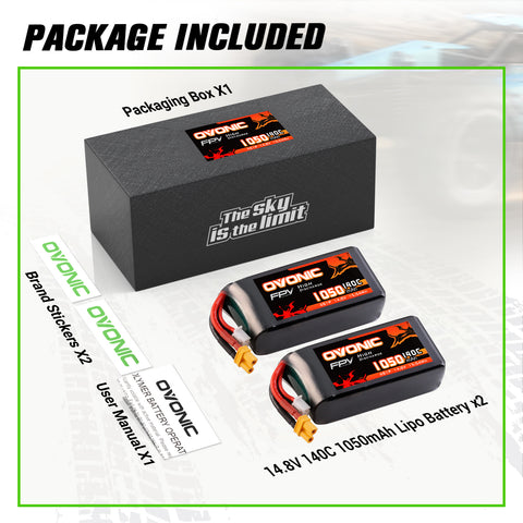 2-Pack Ovonic 4S 1050mAh 140C 14.8V LiPo Battery w/XT30 Plug