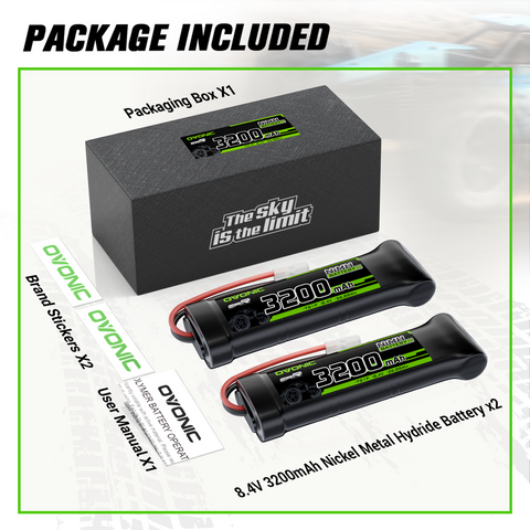 2 × OVONIC 8.4V 3200mAh NiMH Battery Pack 7-Cell with Tamiya Plug for RC Vehicles