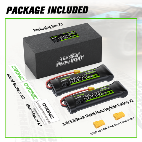 2 × OVONIC 8.4V 5200mAh NiMH Battery Pack 7-Cell Flat with XT60 & TRX Plug for RC Vehicles