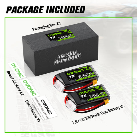 2-Pack Ovonic 2S 3000mAh 5C 7.4V LiPo Battery w/XT30 Plug for RC Transmitters and Receivers