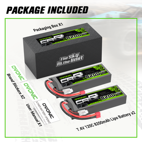 2 x OVONIC 8200mAh 120C 7.4V Lipo Battery with Deans(T) Plug for 2S RC Vehicles 1/10 Scale RC Car Truck