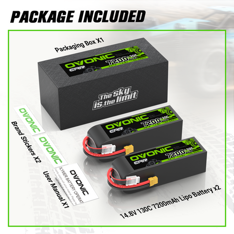 2 x OVONIC 7200mAh 130C 14.8V Lipo Battery with XT60 to TRA Plug for 4S RC Vehicles 1/8 1/10 scale Car Boat
