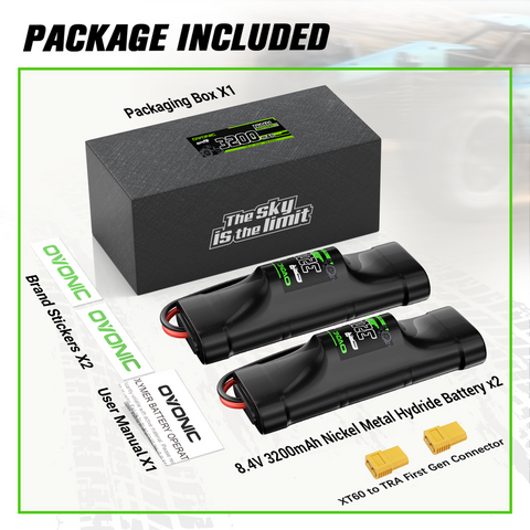 2 × OVONIC 8.4V 3200mAh NiMH Battery Pack 7-Cell Hump with XT60 & TRX Plug for RC Cars & Trucks