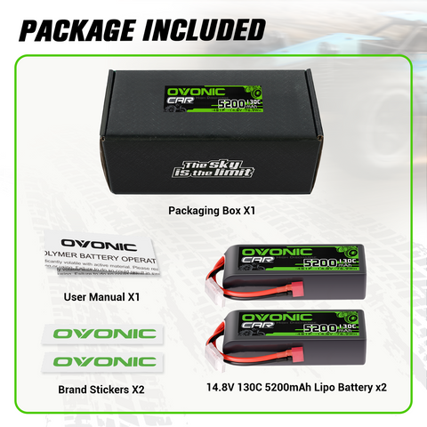 [2-Pack] Ovonic 5200mAh 14.8V 130C 4S LiPo Battery Pack with Deans T Connector for RC Cars, Trucks, and Boats