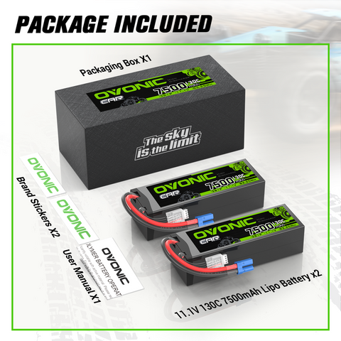 2 x OVONIC 3S 7500mAh 130C 11.1V LiPo Battery with EC5 Plug for 1/8 & 1/10 Scale RC Car Boat Helicopter