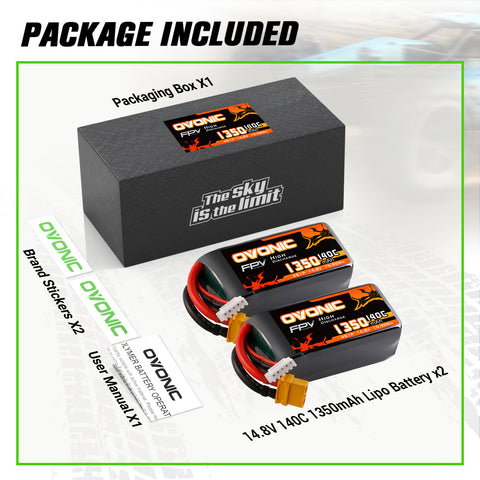 2-Pack Ovonic 4S 1350mAh 140C 14.8V LiPo Battery w/XT60 Plug