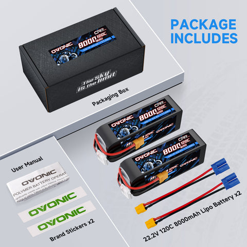 2-Pack Ovonic 22.2V 120C 6S 8000mAh LiPo Battery with XT60 Plug & EC5 Adapter for RC Airplanes, EDF Jets, and 1/8 Scale Vehicles