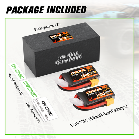 [2-Pack] Ovonic 1500mAh 11.1V 120C 3S LiPo Battery Pack with XT60 Connector for FPV Racing Drones and Quads