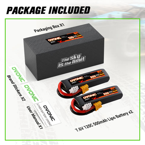 2-Pack Ovonic 2S 500mAh 120C 7.6V LiHV Battery w/XT30 Plug