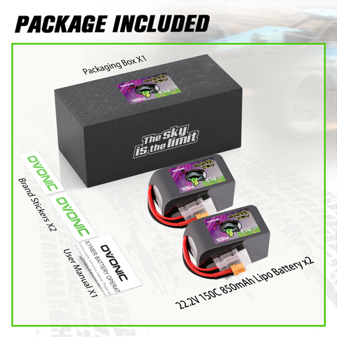 2 Pack OVONIC 11.1V 150C 850mAh 6S LiPo Battery with XT30 Plug for 90-180mm Brushless FPV Drones Cinelog & Protek25