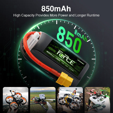 4-Pack Ovonic Force 4S 850mAh 130C 11.1V High C-Rate LiPo Battery w/XT30 Plug for FPV Quad, Freestyle Drone & Micro Jet