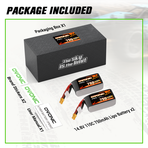 Pack de batteries LiPo Ovonic 4S 750 mAh 110 C avec prise XT30 pour drones FPV Cinematic Toothpick Cinewhoop de 3 à 5 pouces (2 ou 4 pièces)