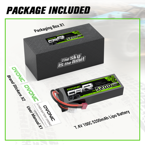 [2-Pack] Ovonic 7.4V 100C 2S 5200mAh Hardcase LiPo Battery with Deans Plug for 1/10 Scale RC Buggy, Truggy & Racing Cars