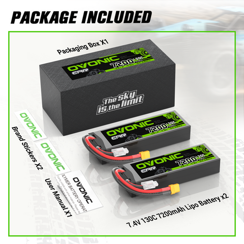 2 x OVONIC 2S 7200mAh Hardcase 7.4V 130C LiPo Battery with XT60 to TRA Plug for 1/10 scale Vehicles RC Car Truck