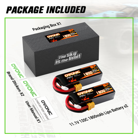 2-Pack Ovonic 3S 1800mAh 120C 11.1V LiPo Battery w/XT60 Plug