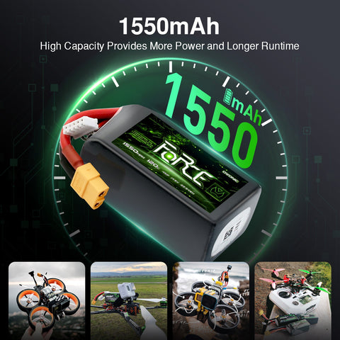 Ovonic Force High Discharge 4S 1550mAh 120C 14.8V FPV LiPo Battery Pack with XT60 Plug for 5-inch Racing/Freestyle Quad, 220mm-250mm Drones