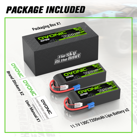 2 x OVONIC 11.1V 130C 7200mAh 3S LiPo Battery with EC5 Plug for 1/8 1/10 RC Car Truck Buggy