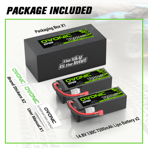2 x OVONIC 4S 7200mAh 130C 14.8V Lipo Battery with T Plug for 1/10 1/8 Vehicles RC Car Truck
