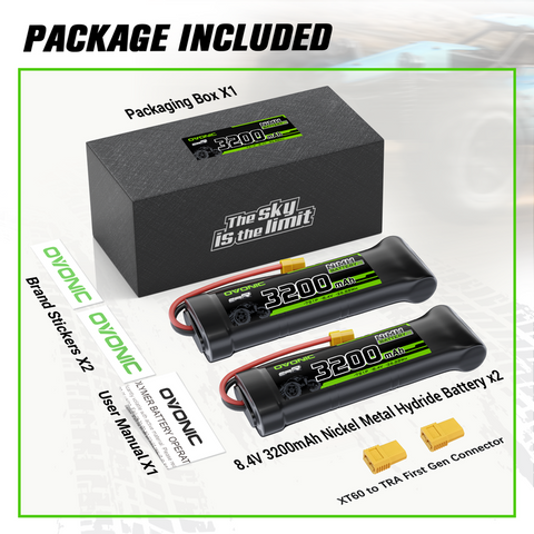 2 × OVONIC 8.4V 3200mAh NiMH Battery Pack 7-Cell Flat with XT60 & TRX Plug for RC Vehicles