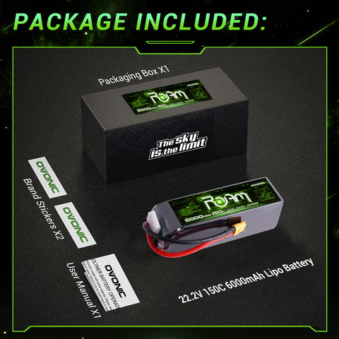 OVONIC Roam Series 22.2V 6000mAh 150C 6S Softcase LiPo Battery Pack with XT90-S Anti-Spark or XT60 Plug Options for 7–10 Inch FPV Cinelifters, Long-Range Drones & RC Helicopters