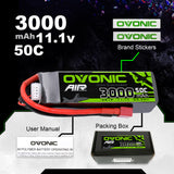 2×Ovonic 3000mAh 3S 50C Lipo Battery 11.1V Long with T Plug for Aircraft