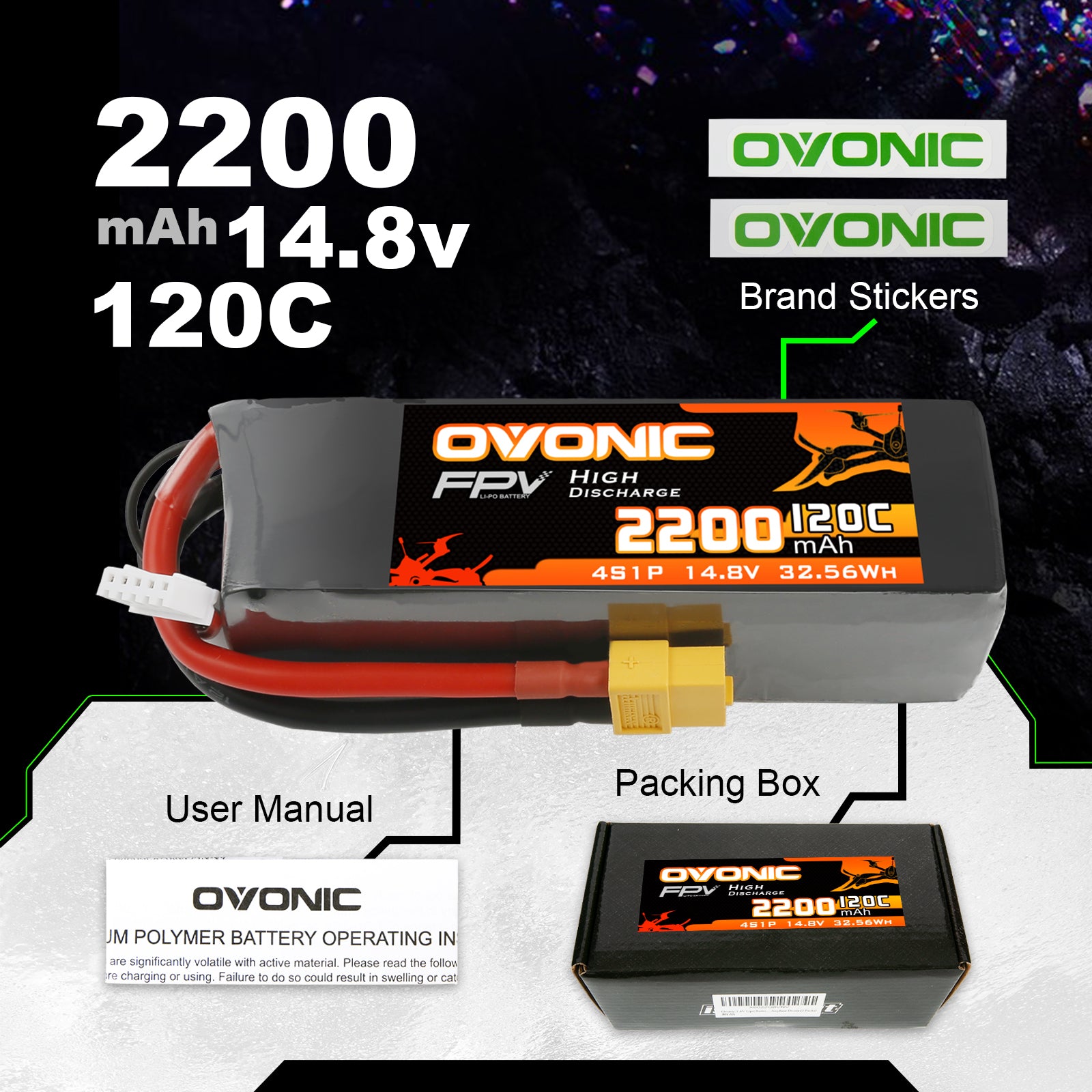 2×Ovonic 120C 4S 2200mAh 14.8V LiPo Battery XT60 for FPV RC