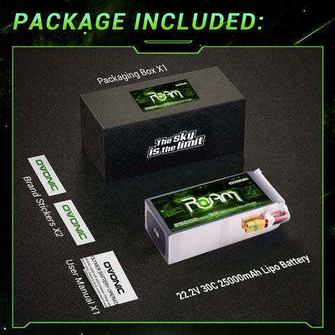 Ovonic ROAM 22.8V 25000mAh 30C 6S1P LiHV Battery Pack with XT90S-F Anti-Spark Connector for Long-Range Industrial Surveillance and Heavy UAVs