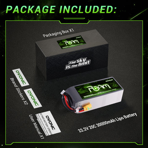 Ovonic ROAM 22.2V 30000mAh 20C 6S1P High-Capacity LiPo Battery Pack with XT90S-F Anti-Spark Connector for Heavy-Lift Industrial UAVs and Maximum Endurance Platforms