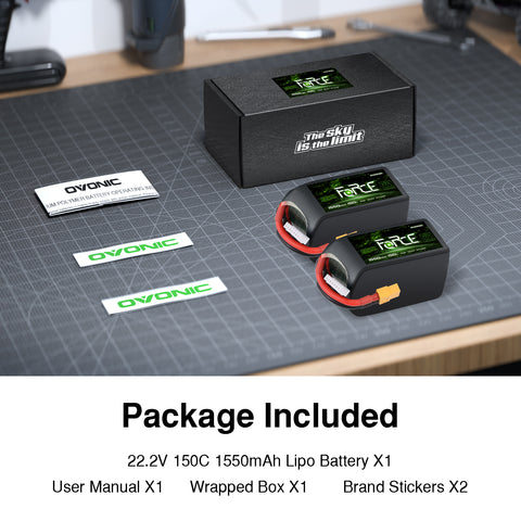 2Pack Ovonic Force 6S 1550mAh 150C 22.2V LiPo Battery w/ XT60 Plug for Aggressive FPV Freestyle & 7-inch Mid-Range Quad