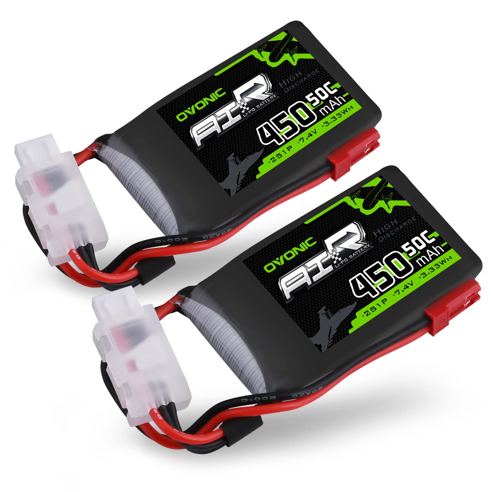 2×OVONIC 50C 7.4V 2S 450mAh LiPo Battery with JST Plug for Small Helicopter Airplane
