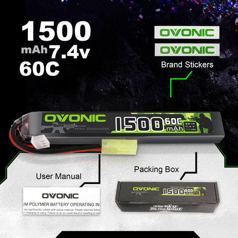 Ovonic 2S Lipo Battery 1500mAh 2S1P 60C 7.4V Airsoft Lipo Battery with Tamiya Connector for Airsoft Guns